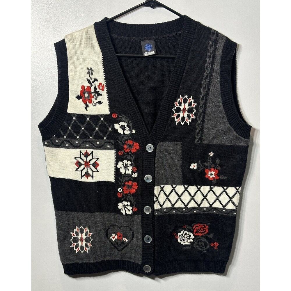 Vintage 90s PANTHER Sweater Vest Embroidery Flower Hearts Red Black Size Medium